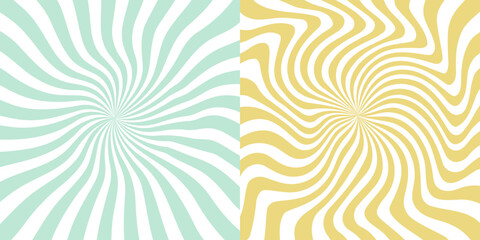 Set of groovy hippie posters. Trippy spiral wavy lines background. Psychedelic sunburst radial burst wallpaper.  - obrazy, fototapety, plakaty