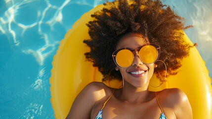 Joyful woman relaxing on a pool float, summer vibes