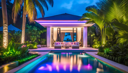Luxury villa with tropical pool and exquisite architecture in a lush green garden, ripples on the water, mysterious evening lighting, tropical resort holiday and vacation concept,