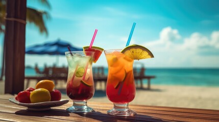 Bar counter on the beach. Glasses with cocktails lie on the table. Concept of relaxing, summer vacation Generative Ai - obrazy, fototapety, plakaty