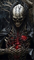 A dark reaper in a black robe, holding a huge Human bloody scarlet heart in his hands, drops of blood flow down his hands, watches as a huge vegetated oak tree with massive twisting roots, cracked bar