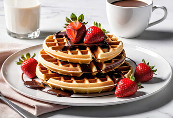 Belgian waffles with strawberries and chocolate isolated on white background, empty space for copy and design,