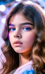 Beautiful hyperreal closeup portrait of a young girl model during a fashion show, fashion and beauty concept,