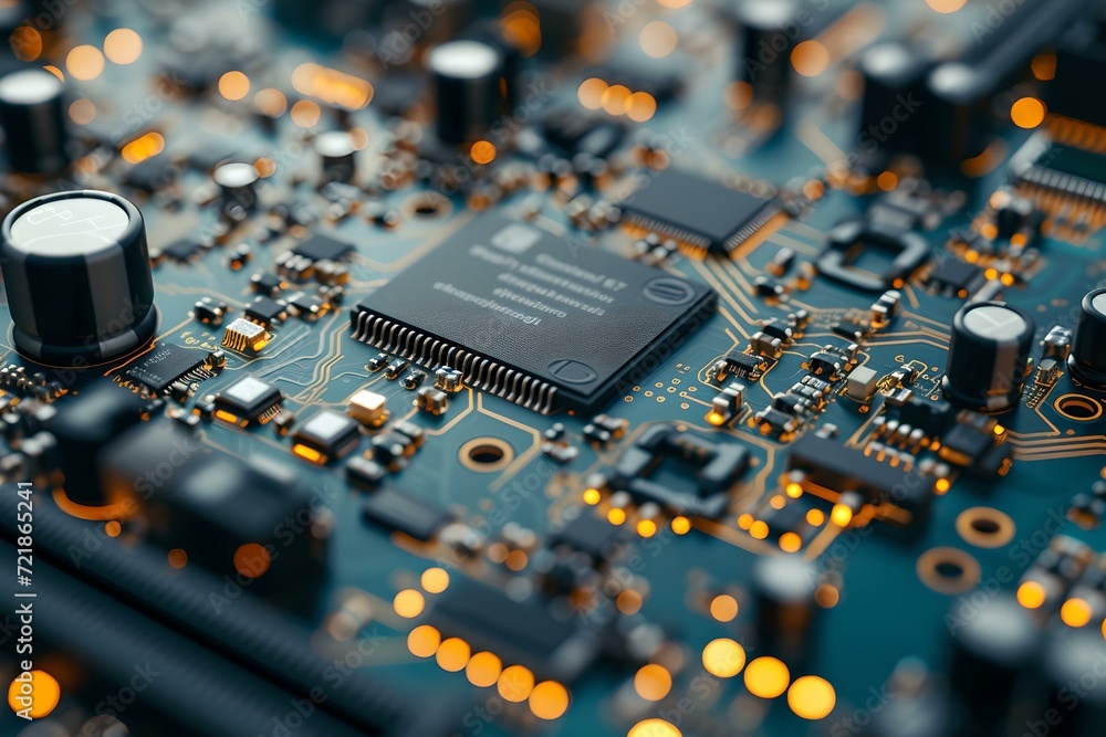 Poster modern technology at a glance. circuit board close-up. electronics background. future in electronics