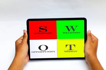 SWOT analysis word on tablet computer screen in hand isolated on white background. SWOT consists of the words STRENGTHS, WEAKNESSES, OPPORTUNITIES, THREATS.