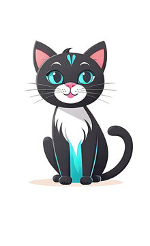 vector illustration, flat logo of cute black cat vector icon, primitive childish doodle isolated on white background, favorite pets,