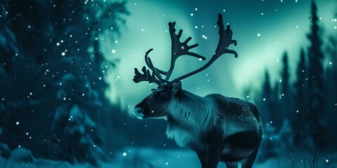 Majestic reindeer under northern lights. enchanting winter night, fantasy style. stunning wildlife scene for calm backgrounds. AI - obrazy, fototapety, plakaty