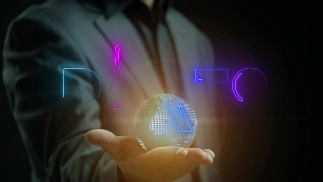 Paris city name icon and symbol design concept. Businessman showing globe with Paris digital text animation. For presenting this city to everyone in the world and Supporting tourism businesses.