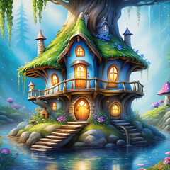 fairy tale house in water lake