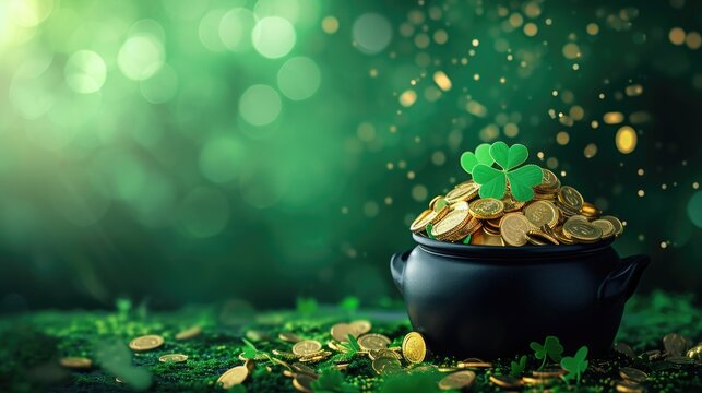 St. Patrick's Day theme with black pot, gold coins, and shamrocks, Ai Generated