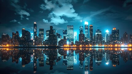 Fototapeta premium Enjoy a stunning city skyline night view with captivating reflections and a picturesque sky, Ai Generated.