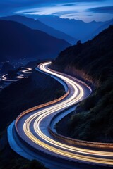 Cars' light trails on a curved asphalt road at night, a mesmerizing urban scene, Ai Generated.