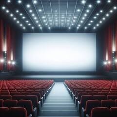 Blank white luminous cinema movie theatre screen with realistic red rows of seats and chairs