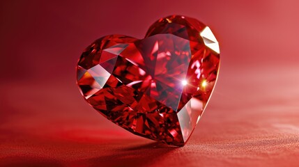 Fototapeta premium Ruby red diamond heart sparkling against a vivid red backdrop, Ai Generated