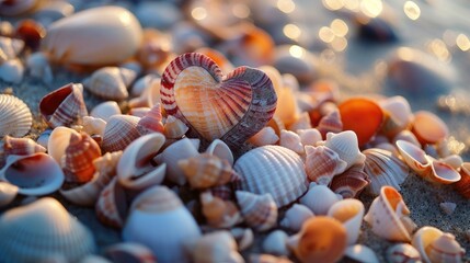 Discover heart-shaped shells and seashells adorning the sandy beach. Ai Generated