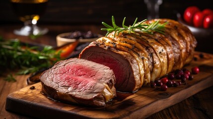 Indulge in the gastronomic masterpiece of a tenderloin Beef Wellington, a gourmet sensation wrapped in savory pastry, Ai Generated.