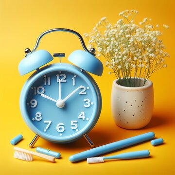 Blue alarm clock. Blue alarm clock on a yellow background. Time concept