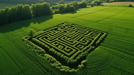 Navigate a captivating maze nestled within the heart of a lush green field, an adventure in nature. Ai Generated.