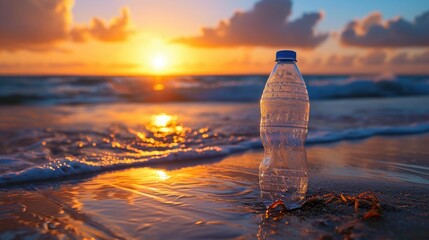 Capture the poignant scene of a plastic bottle on a beach at sunset, highlighting the need for conservation efforts. Ai Generated.