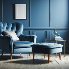 Blue armchair against blue wall in living room interior elegant interior design with copy space