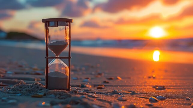 An hourglass rests on the beach, its sands gently falling against a breathtaking sunset backdrop. Ai Generated.