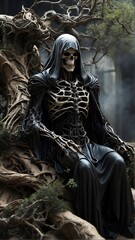 The dark reaper in a black robe watches as a huge multi-vegetated oak with massive twisting roots, cracked bark, whose branches are directed high into the sky in the center of a lifeless stone desert,