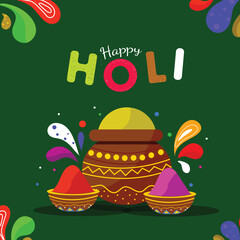Happy Holi Greeting or Invitation Card Design with Dry Color Filled Mud Pots on Green Arc Drop Decorated Background