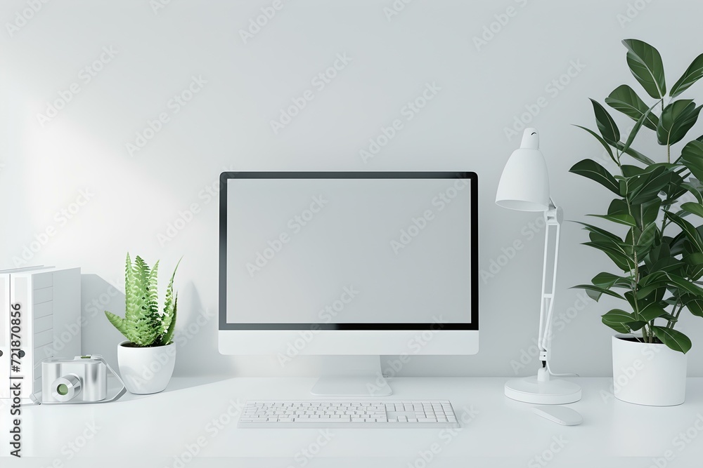Poster Minimalist home office setup with blank computer screen. clean and modern design for productivity. perfect for workspace concepts. AI