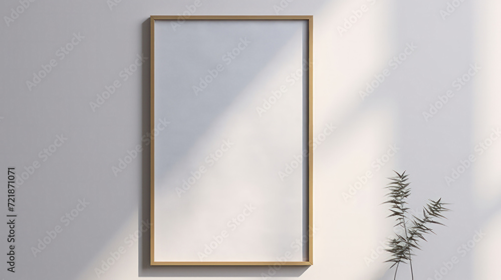 Poster a blank minimalist frame against a wall, with natural shadow play adding depth and interest