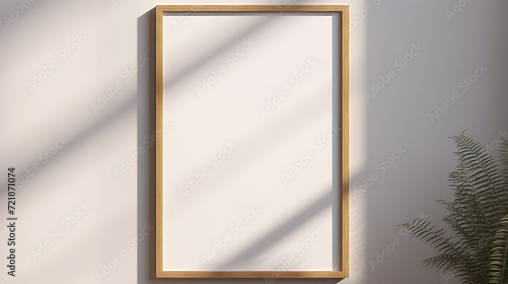 Poster a blank minimalist frame against a wall, with natural shadow play adding depth and interest