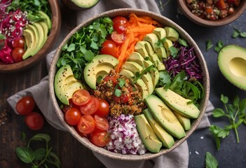 Healthy salad bowl with quinoa, tomatoes, chicken, avocado, lime and mixed greens, lettuce, parsley on wooden background top view. Food and health.