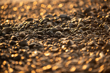 Small pebbles on the beach and blobs of reflected light
