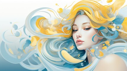 Fashion portrait of a beautiful woman with yellow long blond hair and blue dress.