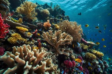 Underwater coral reefs and colorful tropical fishes