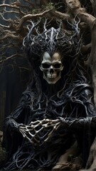 The dark reaper in a black robe watches as a huge multi-vegetated oak with massive twisting roots, cracked bark, whose branches are directed high into the sky in the center of a lifeless stone desert,