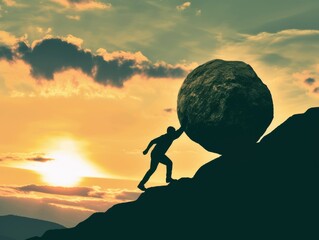 A powerful image illustrating the concept of facing impossible tasks, depicting a determined man pushing a large stone uphill, symbolizing challenges, heavy lifting, and overcoming formidable problem