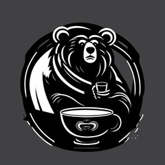 a company logo for a coffee brand with a grizzly bear holding a cup of coffee. Solid black and white. Minimalistic design. 