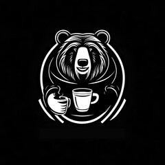 a company logo for a coffee brand with a grizzly bear holding a cup of coffee. Solid black and white. Minimalistic design.  - obrazy, fototapety, plakaty