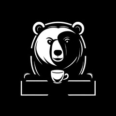 a company logo for a coffee brand with a grizzly bear holding a cup of coffee. Solid black and white. Minimalistic design. 