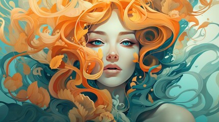 Portrait of a beautiful young woman with long curly hair. Portrait of a beautiful girl with curls and flowers in her hair
