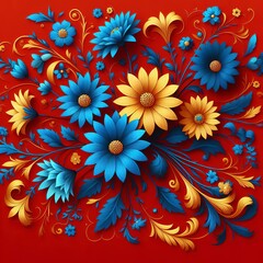 blue and yellow flowers on red background