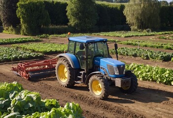 tractor in meadow with summer flowers mowing grass under blue sky in the netherlands in dutch province of utrecht