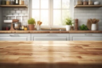 Empty Beautiful wood table top and blur bokeh modern kitchen interior background in clean and bright, Ready for product montage. generative ai.