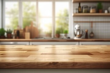 Empty Beautiful wood table top and blur bokeh modern kitchen interior background in clean and bright, Ready for product montage. generative ai.