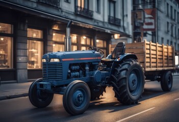 Fototapeta premium Blue tractor on the road with front loader up in the air buildings within background city