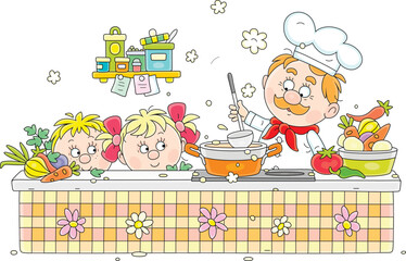 Funny cook with a ladle and little kids making an original tasty soup in a pan on a kitchener with fresh vegetables and spices in a cozy kitchen, vector cartoon illustration isolated on white