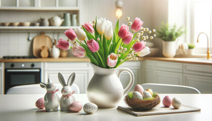 A bouquet of tulips, Easter bunnies and eggs on the table in a white Scandinavian-style kitchen