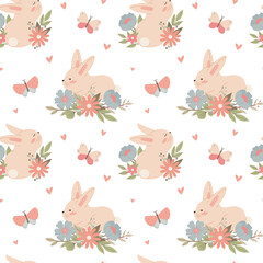 Seamless pattern with childish bunny flowers butterflies. Cute vector illustration in pastel colors with floral elements, for design, fabric and textiles.