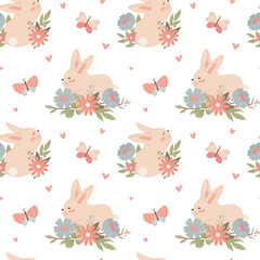 Seamless pattern with childish bunny flowers butterflies. Cute vector illustration in pastel colors with floral elements, for design, fabric and textiles.