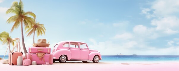 Pink car with luggage and beach accessories ready for summer vacation. Creative travel concept idea with copy space 3D Render 3D illustration